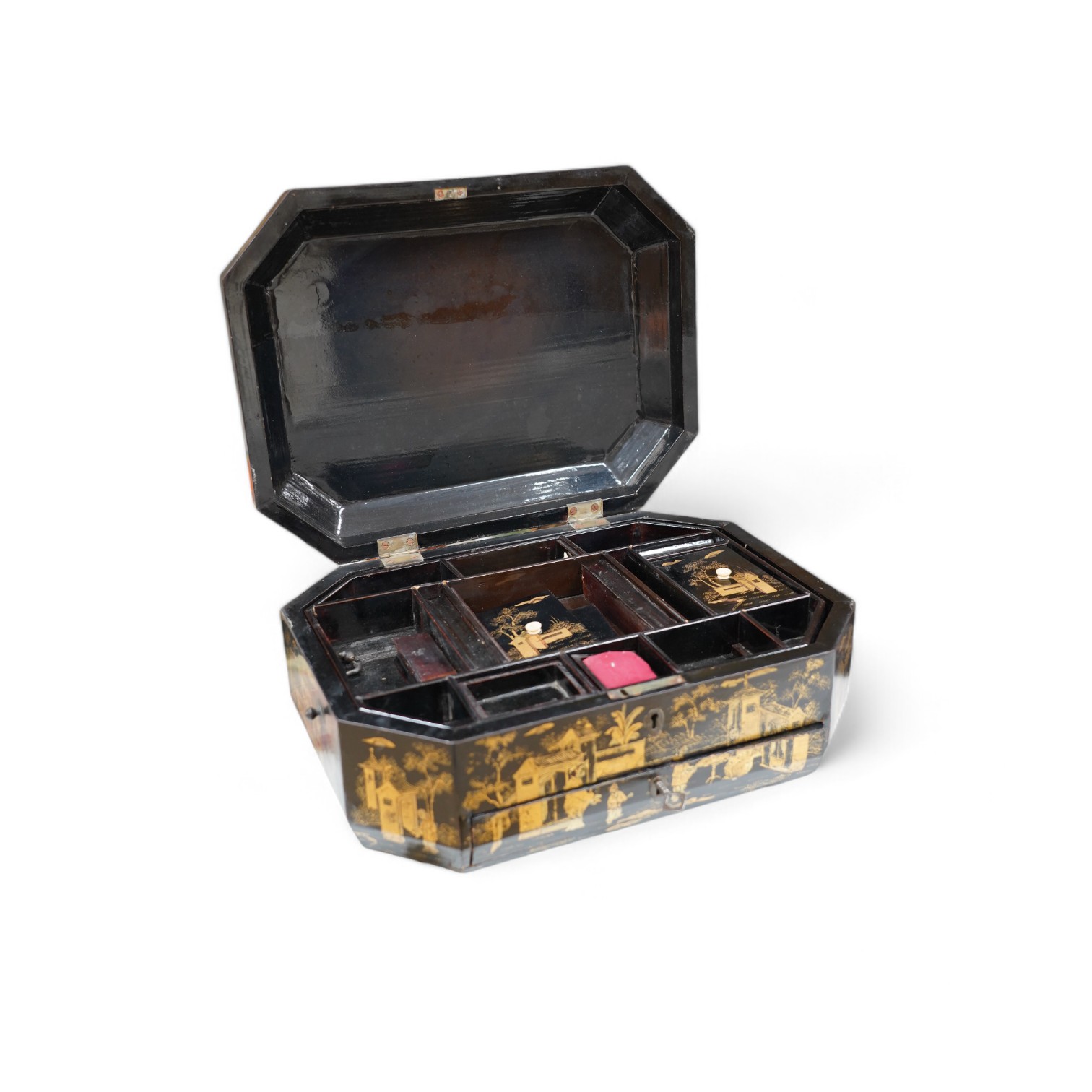 A Chinese black lacquer with gold decoration workbox, 36cm wide. Condition - one carved gilt paw foot missing to base